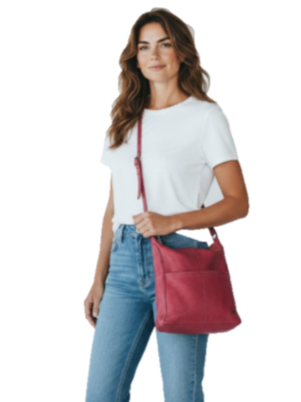 The Sak Iris Red Pebbled Leather Crossbody Bag Messenger Zip Pockets EUC